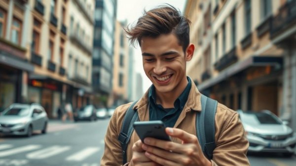 Young man in urban setting checking phone, ready to buy a home.