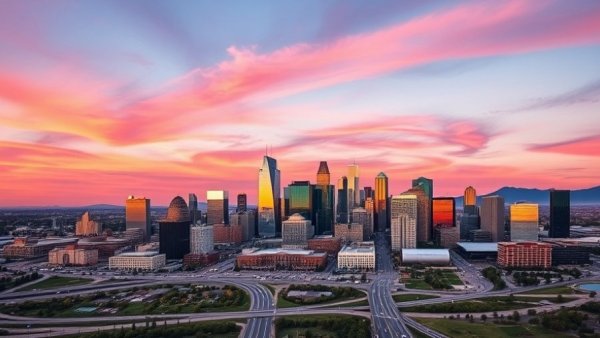 Denver skyline with sunset hues in the background, showcasing modern architecture.