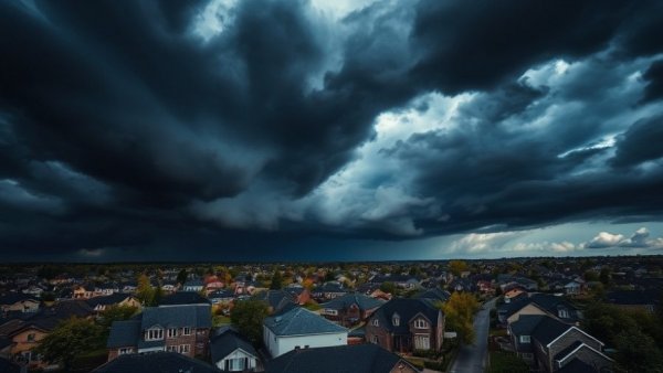Dark storm clouds over suburban homes reflect FHA delinquencies rise.