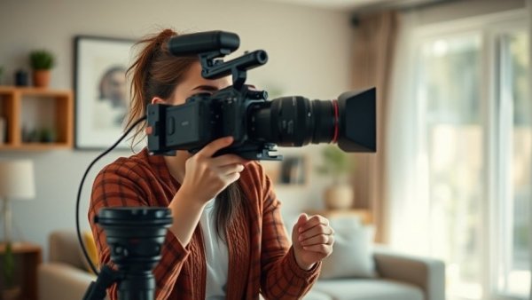 Young woman discussing video setup in cozy room, real estate video marketing strategy 2026.