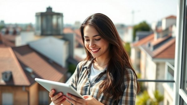 Young woman with tablet on balcony, highlighting the importance of mortgage pre-approval.