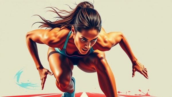 Energetic female sprinter ready to start race with vibrant colors.