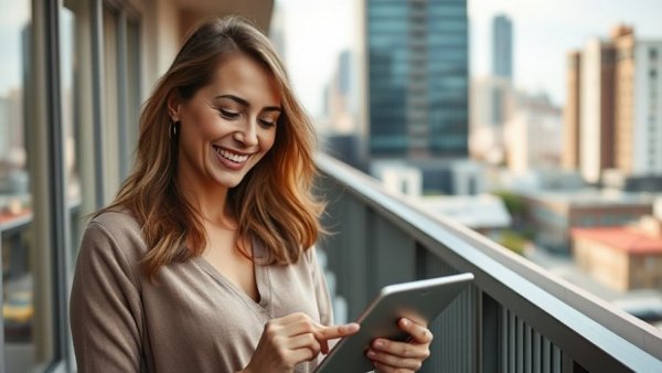 Smiling woman on balcony using tablet, emphasizing the importance of mortgage pre-approval.