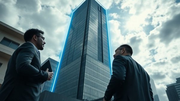Business leaders in discussion near skyscraper, Compass Anywhere merger