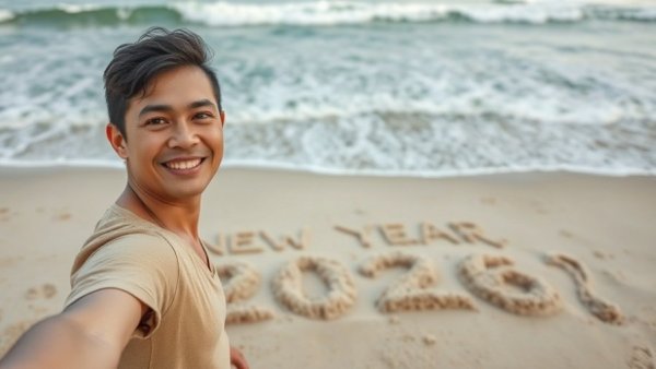 Beach with 'NEW YEAR 2026' in sand, person smiling; 2026 real estate trends.