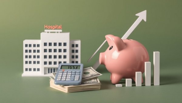 Hospital, piggy bank, and calculator symbolizing health care costs and early retirement.