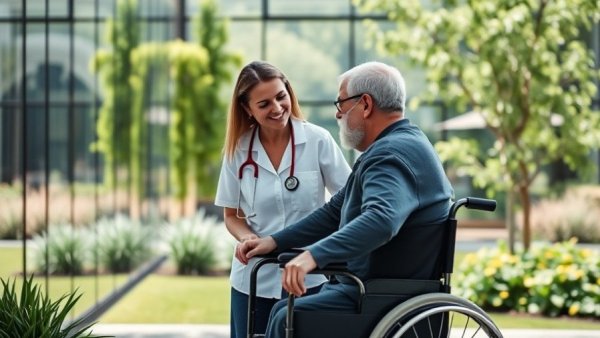 Caregiver assisting in garden near modern building, Home Care Crisis Innovation Aging in Place