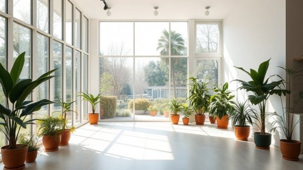 Bright interior with floor-to-ceiling windows showing garden benefits.