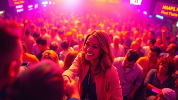 Vibrant leadership scene with a handshake and a crowd