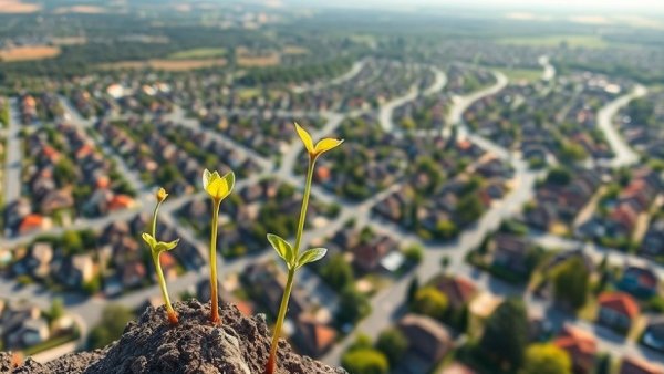 Real estate portfolio expansion concept with growing sprouts over a suburb.