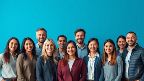 Smiling professionals against blue gradient background, highlighting digital profile building.