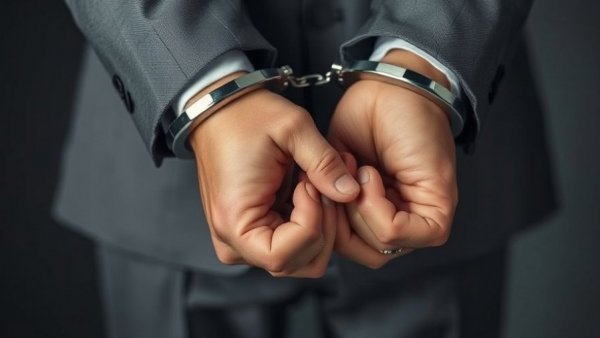 Close-up of handcuffed hands in a grey suit representing arrest, Long Island attorney gambling client funds.