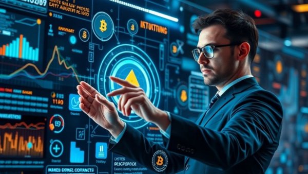 Businessman engages with crypto rewards interface; futuristic digital display.