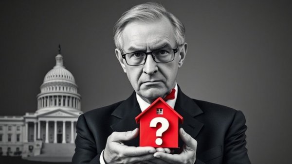 Conceptual collage about housing affordability and government, featuring a man with a house and question marks.