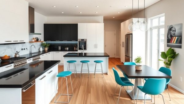 Modern kitchen design for better ROI, featuring black countertops and teal accents.