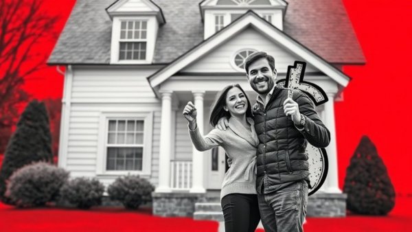 Couple with keys in front of house, illustrating high agent commissions.