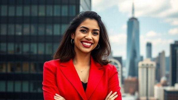 Professional woman in red blazer with cityscape background, NAR budget transparency concept.