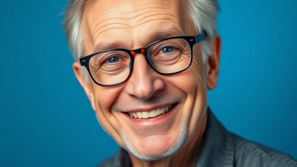 Smiling older man with glasses in a blue gradient background.