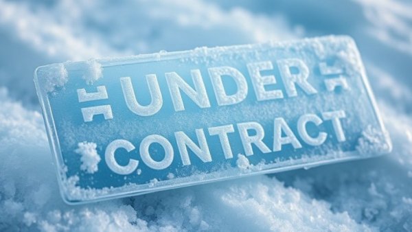 Pending Home Sales Decline sign covered in ice.