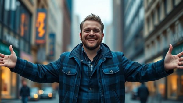 Confident man in city with blurred gold coins symbolizing Georgia Ponzi scheme