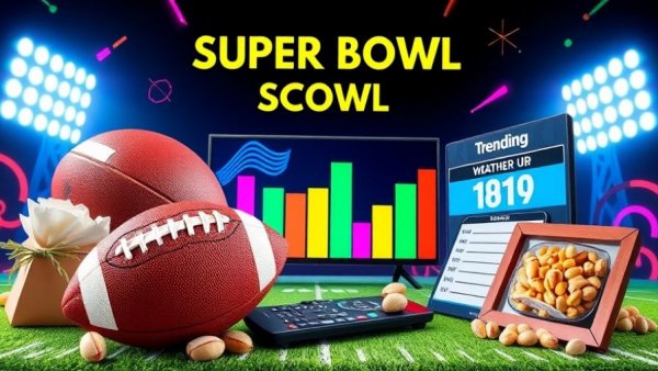 Super Bowl advertising trends with football, snacks, and graphics.