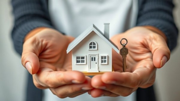 Symbolic image of housing affordability solutions with hands, key, and house model.