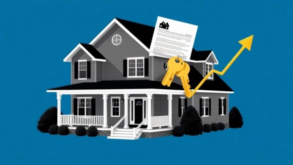 Mortgage payments decline depicted by house, documents, and graph.