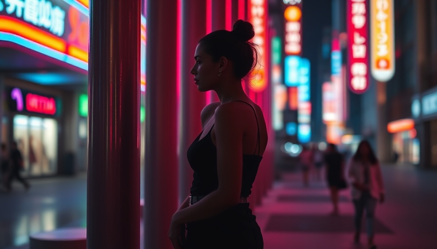 Silhouette of woman near neon-lit columns, urban night scene.