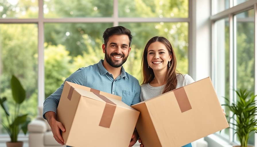 Happy couple moving boxes in a modern living room.