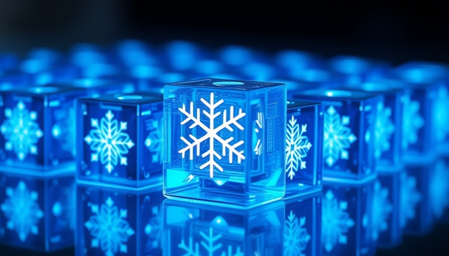 Glowing blue cubes with snowflake symbols on a reflective surface.