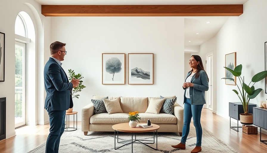 Couple with real estate agent in modern living room, house hunting tips for buyers.