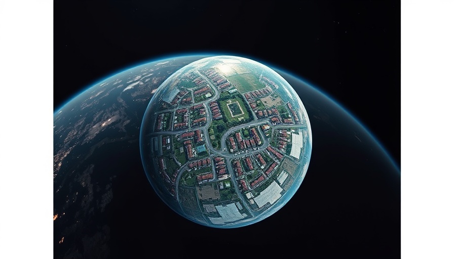 Futuristic satellite evaluating real estate farming strategies in a suburb.