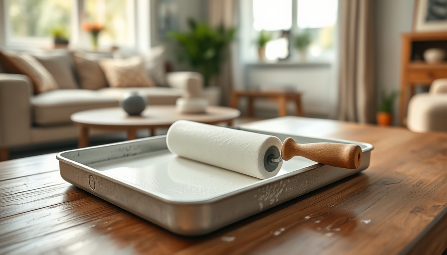 Paint roller and tray used indoors for home renovation.
