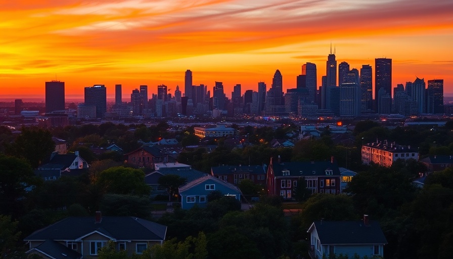 Stunning city skyline at sunset with vibrant sky.