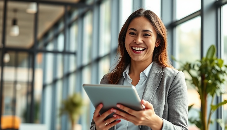 Smiling businesswoman holding a tablet in a modern office
