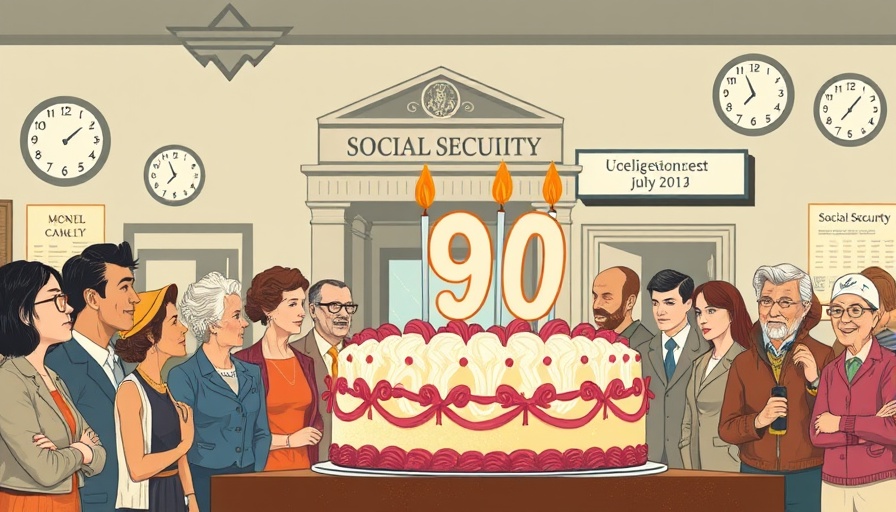 Vintage illustration of a 90th birthday cake and people at Social Security.