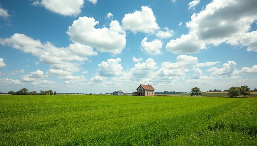 Spacious farmhouse amidst a vibrant field on a sunny day.
