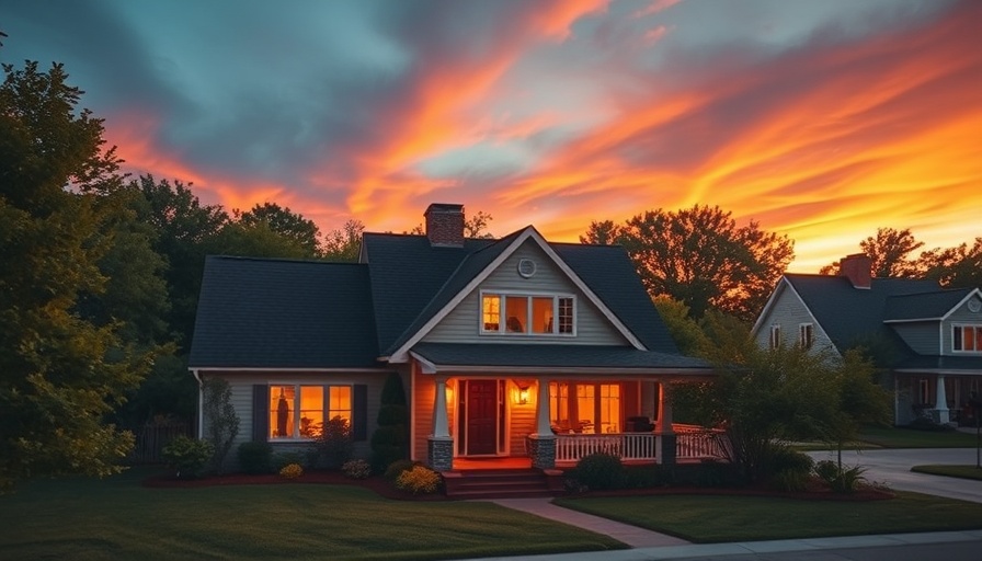 Expansive suburban home during sunset, highlighted by lush lawn.