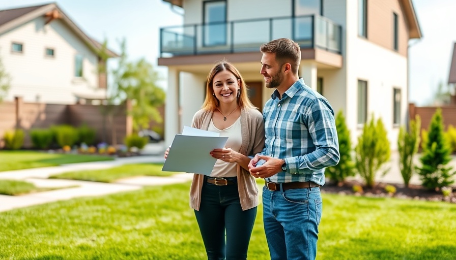 Real estate agent with couple at house for sale, discussing relocation.