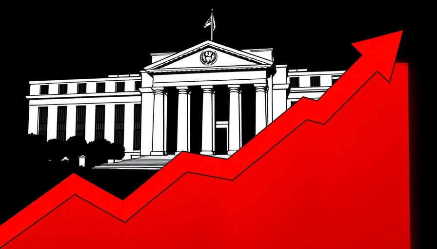 Visual of mortgage rates response to Federal Reserve turmoil with upward trend and government building.
