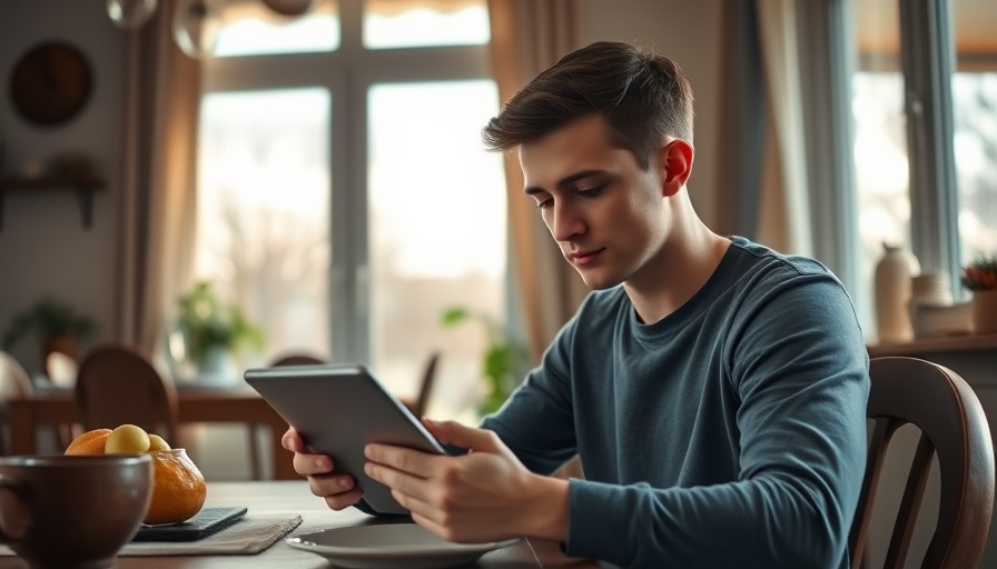 Young man using a tablet at home, serene setting, housing market recovery.