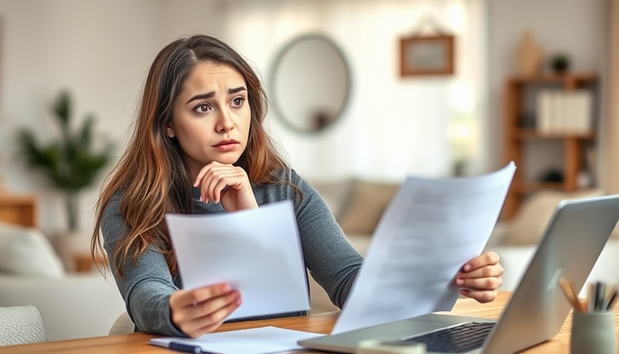 Concerned woman reviewing document about increasing mortgage.