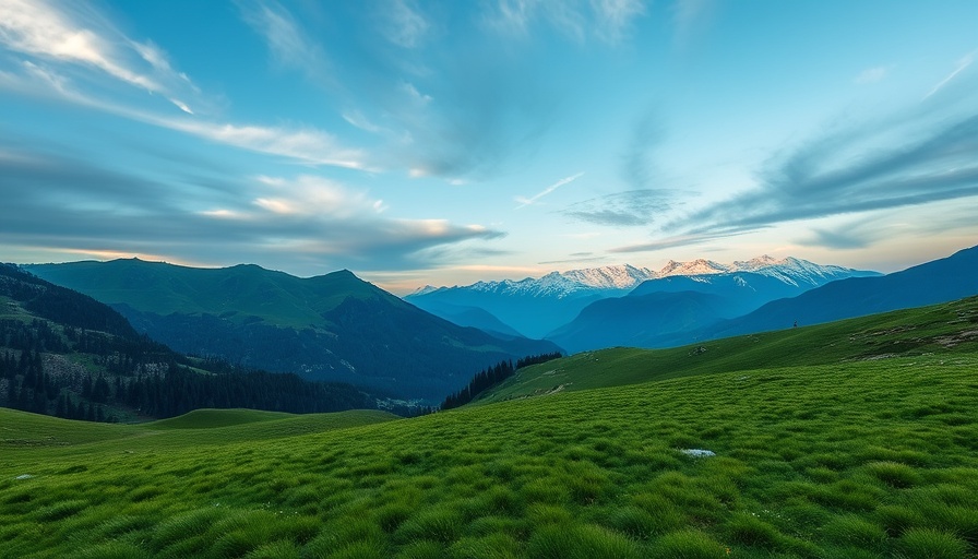 Scenic mountain view with green fields for buying land and building a house.