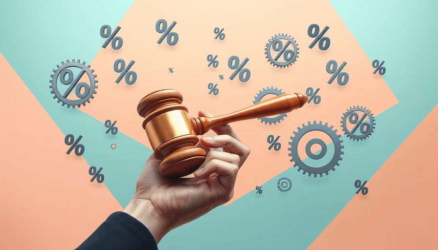 Surreal business legal concept with hand and gavel, percentage symbols.
