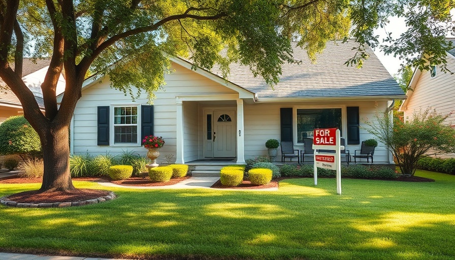 Suburban home for sale with sign in yard.