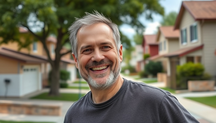 Friendly real estate agent smiling on a sunny suburban street.