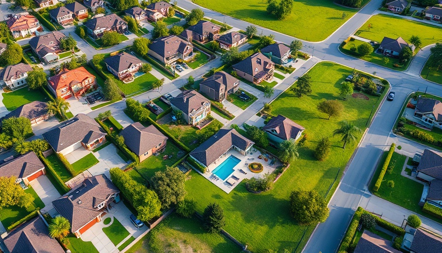 Aerial view of a suburban neighborhood with houses and pools.
