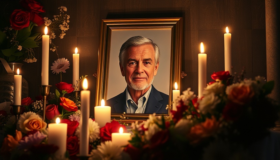 Memorial tribute scene with flowers and portrait.