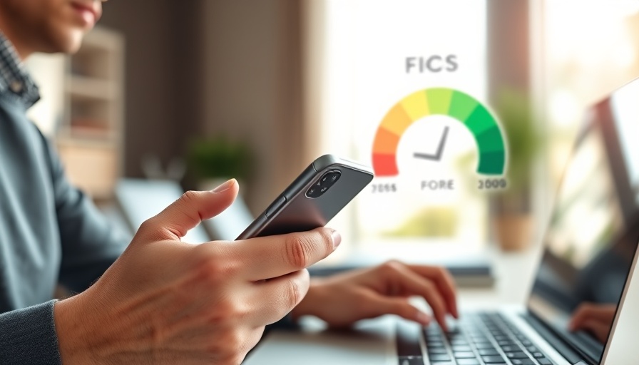 Person using smartphone and laptop with FICO score gauge.