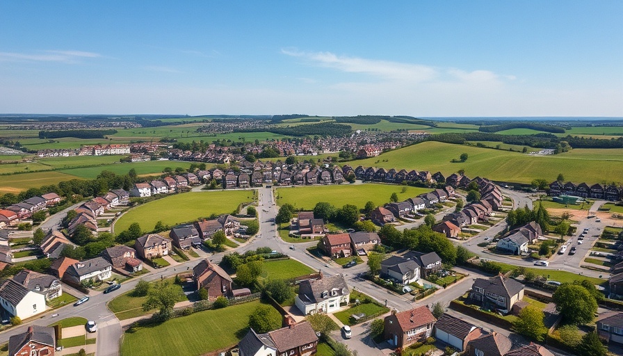 Aerial view of a suburban housing area with rolling hills and clear sky.